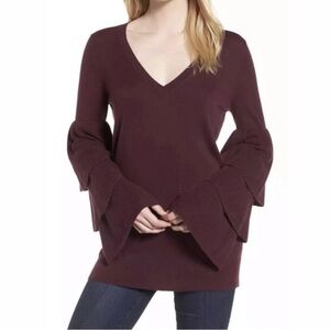 Chelsea28 Burgundy V-Neck Ruffle Bell Sleeve Sweater